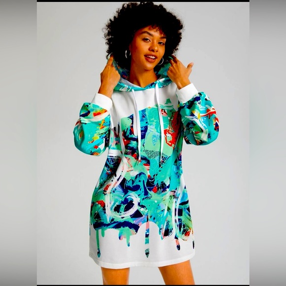 Dresses & Skirts - EQURIS Graphic Print Drop Shoulder Drawstring Hoodie Dress